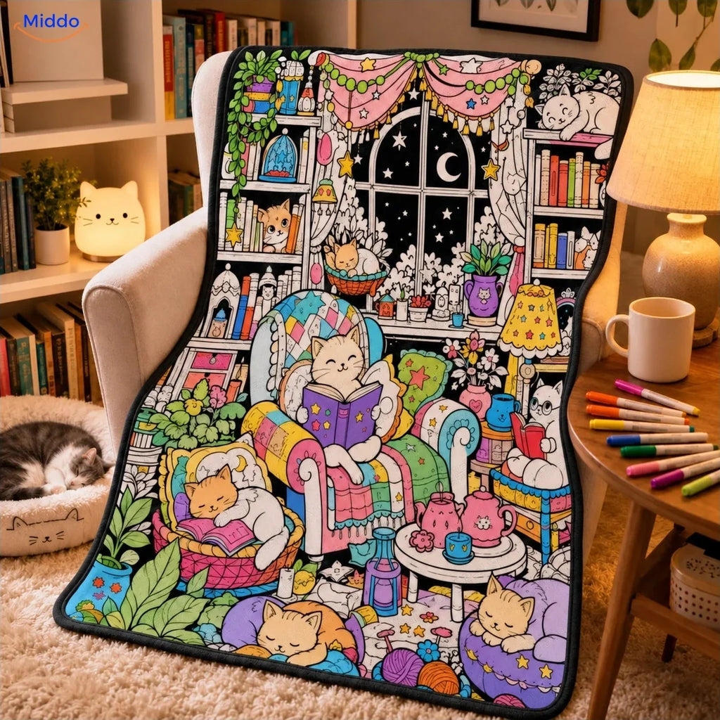 Illustrated colouring blanket with animal and nature scenes