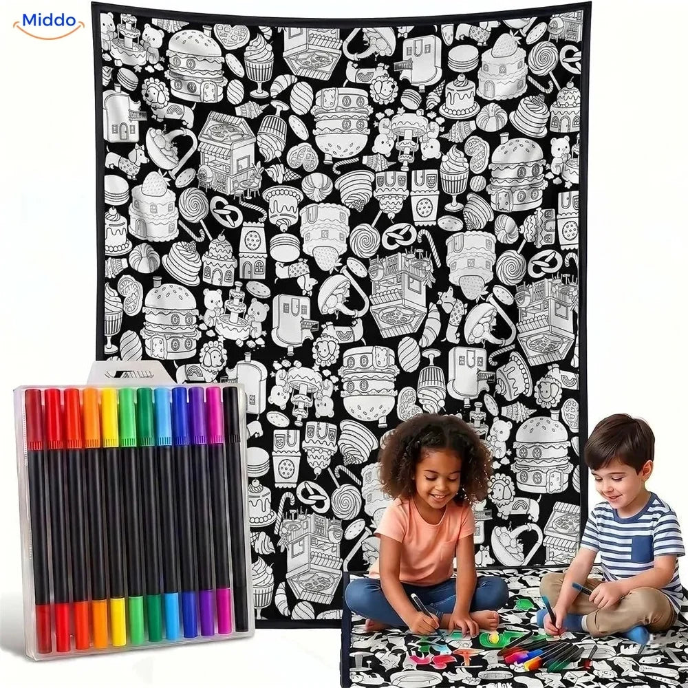 Illustrated colouring blanket with animal and nature scenes