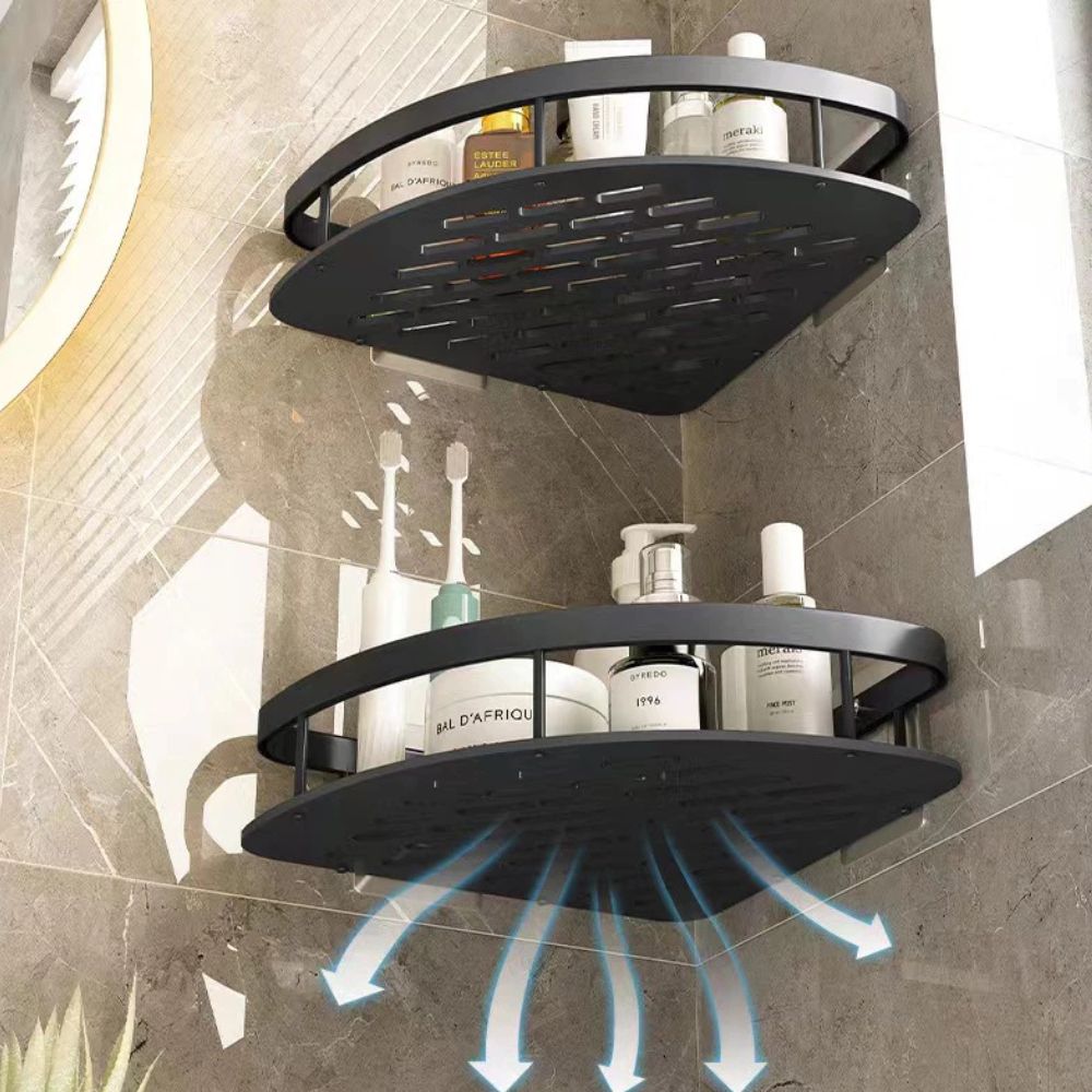 Two-tier corner shower shelf with adhesive wall mounts and slotted shelves