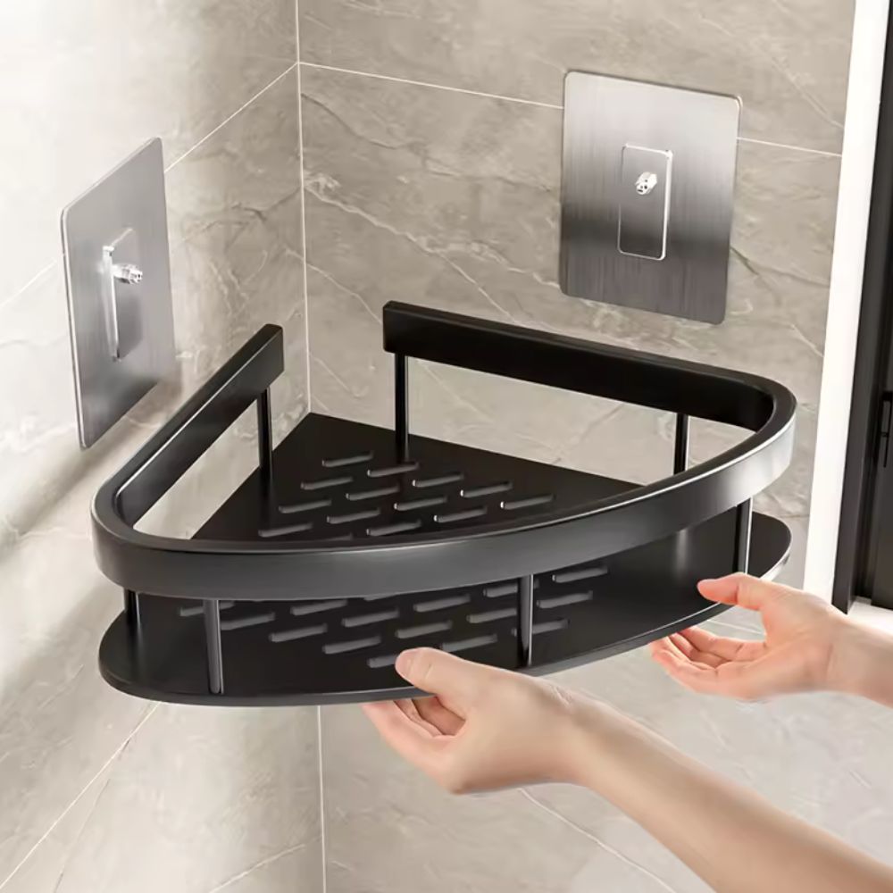 Two-tier corner shower shelf with adhesive wall mounts and slotted shelves