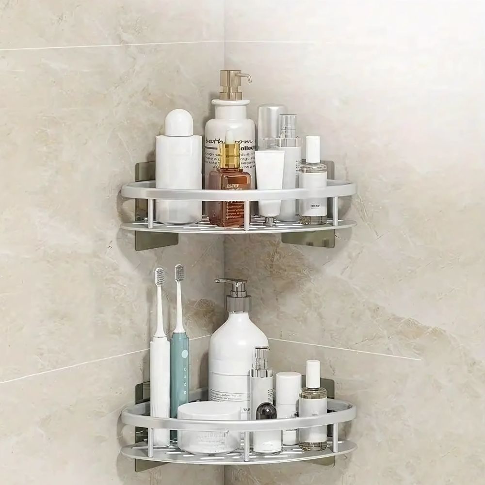 Two-tier corner shower shelf with adhesive wall mounts and slotted shelves