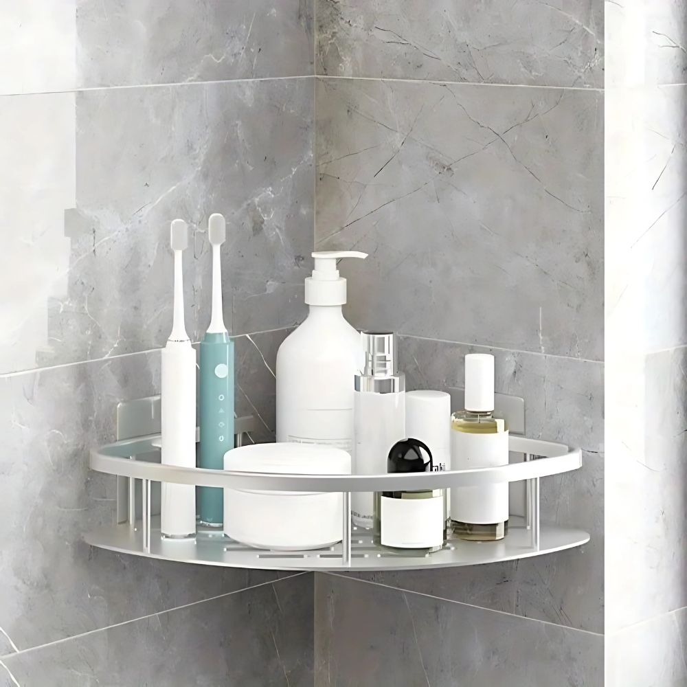 Two-tier corner shower shelf with adhesive wall mounts and slotted shelves