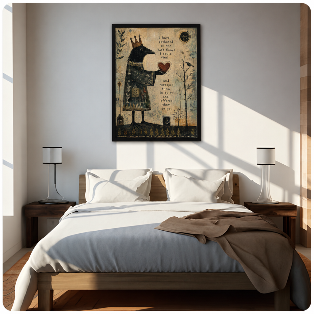 Crowned raven holding a heart on folk art canvas wall decor