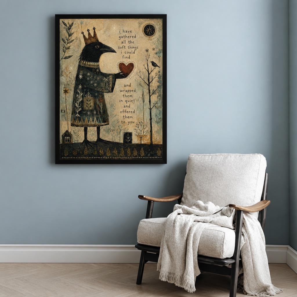 Crowned raven holding a heart on folk art canvas wall decor