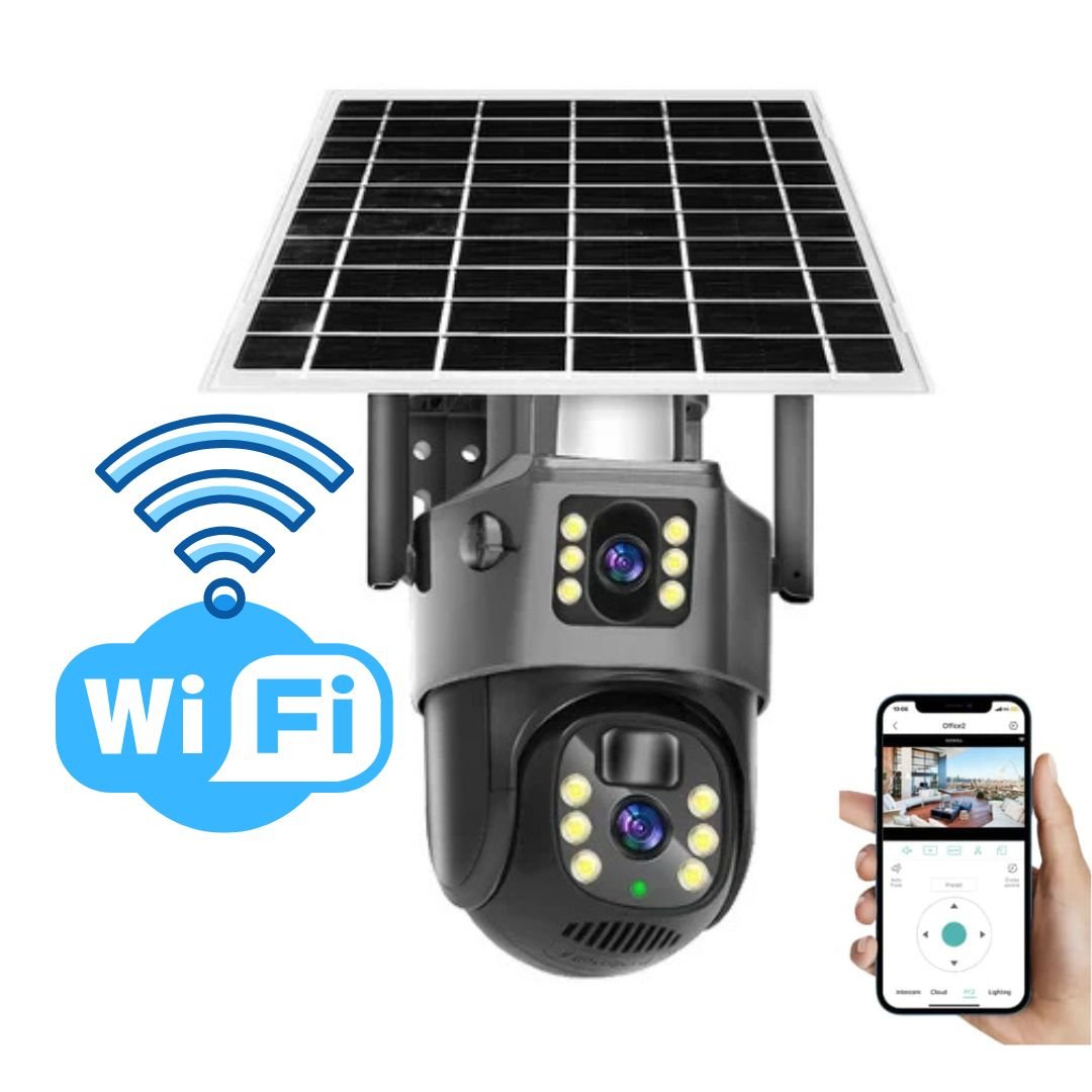 Gray and black dual-lens solar security camera with attached panel and wall bracket