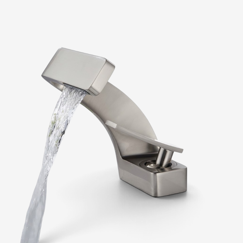 Curved bathroom basin faucet with waterfall-style spout and single lever