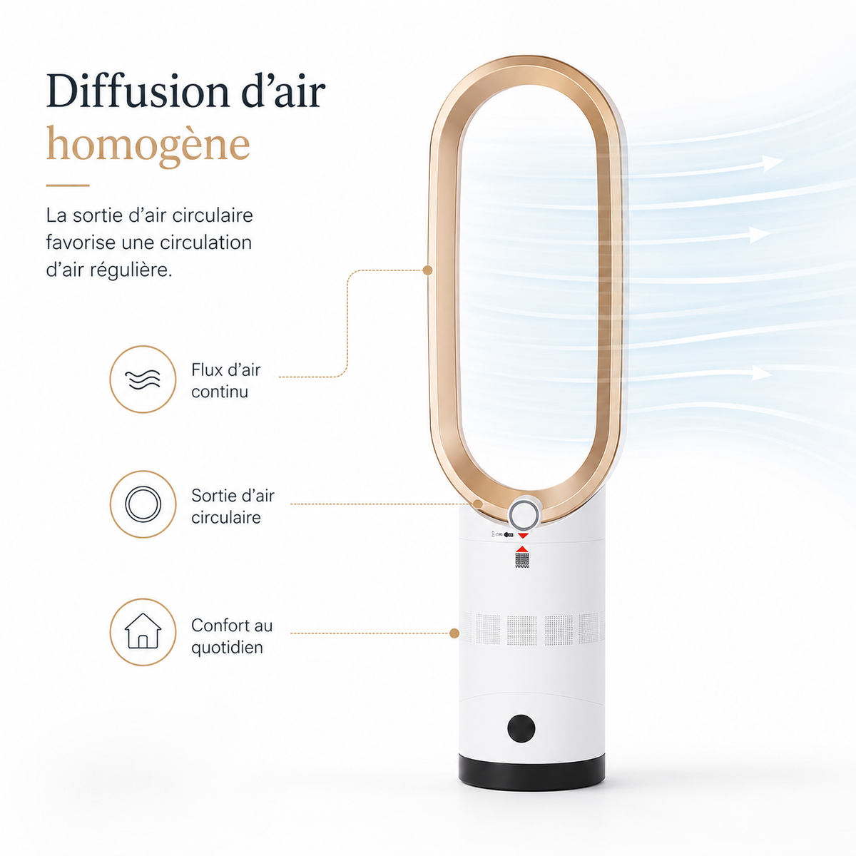 Bladeless tower fan with oval air outlet and cylindrical base