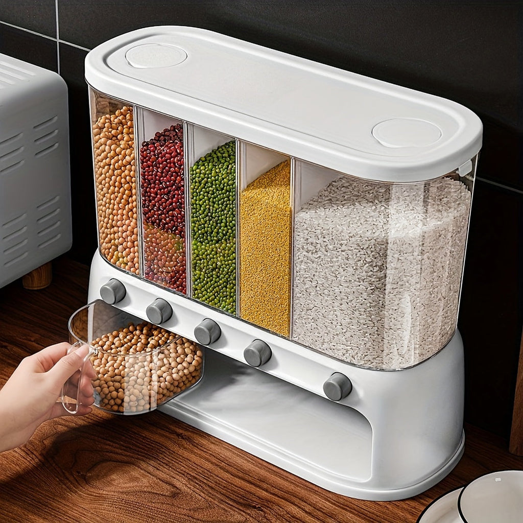 White five-compartment grain dispenser with clear bins and pull-out drawer