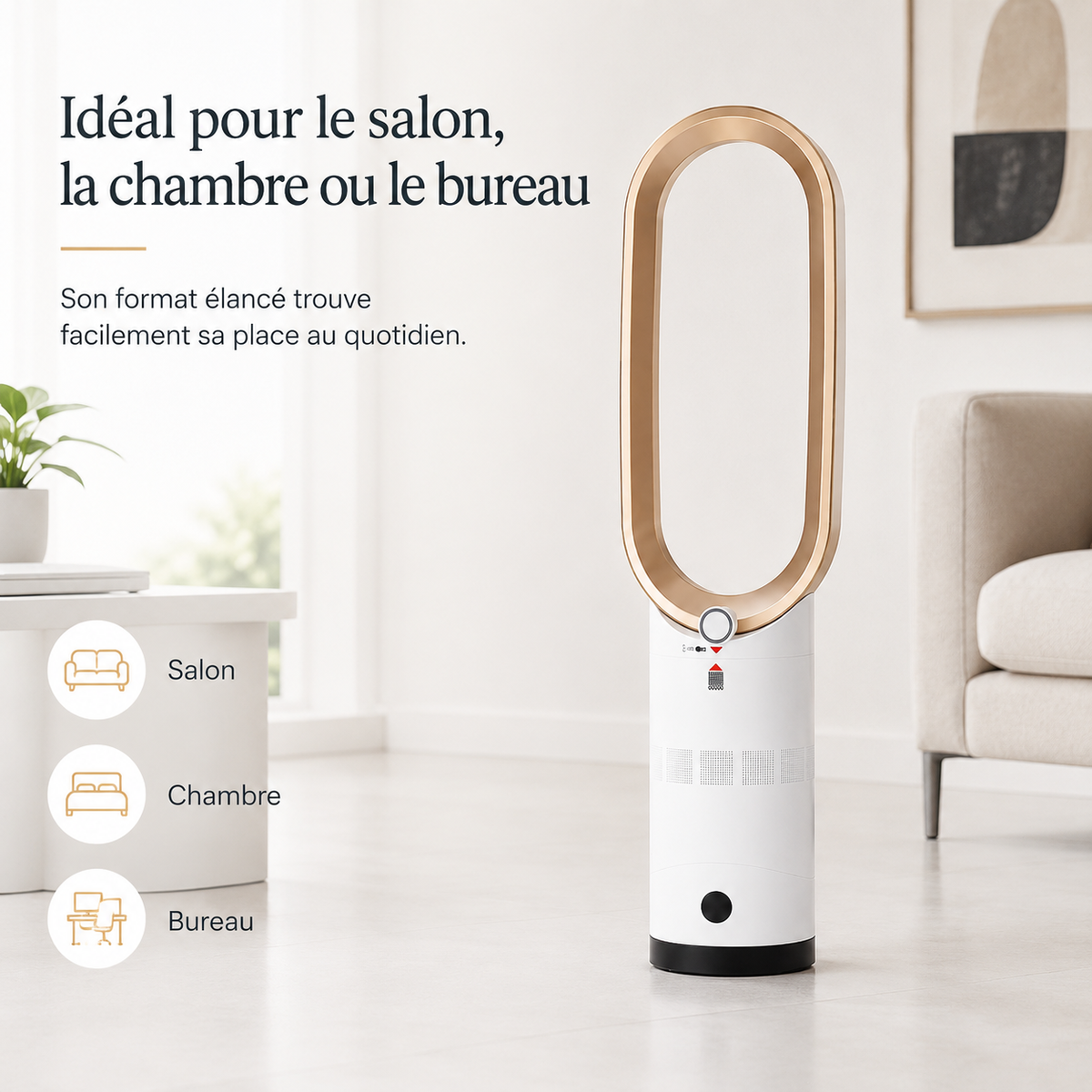 Bladeless tower fan with oval air outlet and cylindrical base