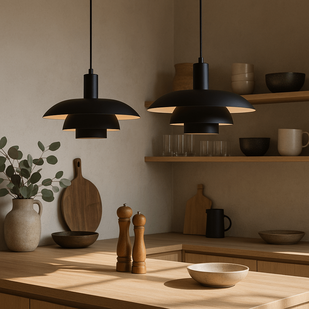Layered LED pendant ceiling light with a dome shade and hanging cable