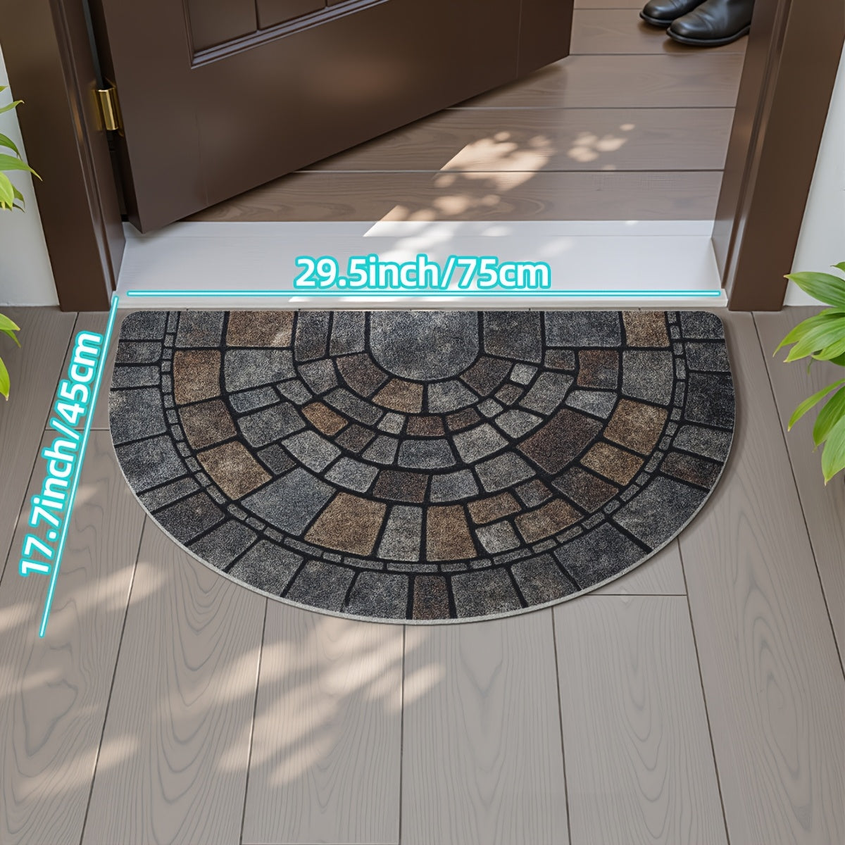 Half-circle gray geometric mosaic door mat at an entryway