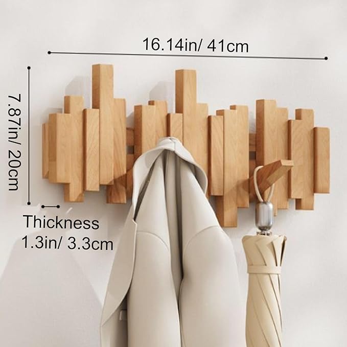 Piano-design wall mounted wooden coat rack with foldable hooks
