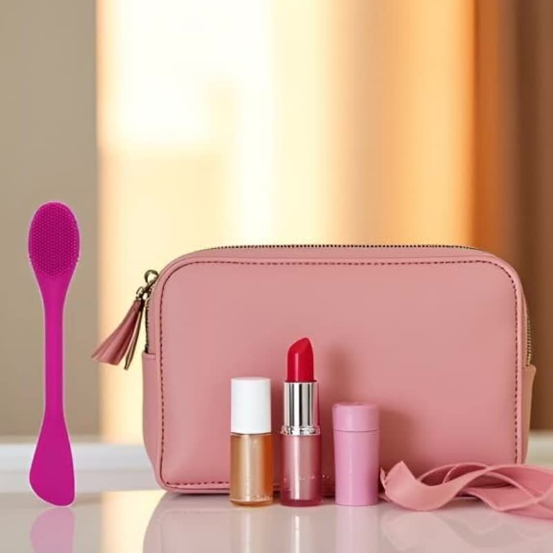Silicone facial mask brush with an angled head and extended handle