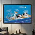 Blue canvas wall art showing several dogs riding in a car beneath a moonlit sky