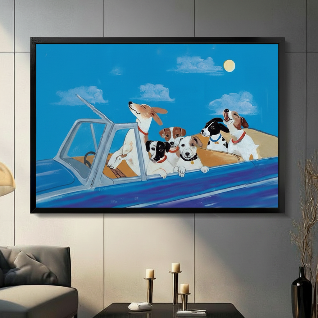 Blue canvas wall art showing several dogs riding in a car beneath a moonlit sky