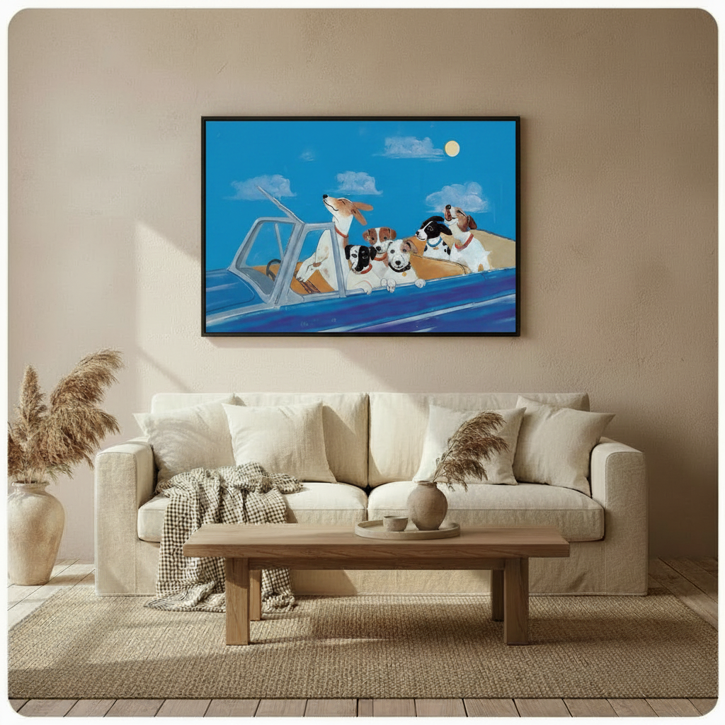 Blue canvas wall art showing several dogs riding in a car beneath a moonlit sky