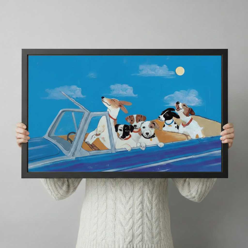 Blue canvas wall art showing several dogs riding in a car beneath a moonlit sky