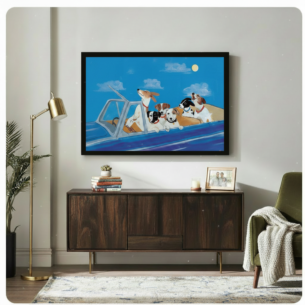 Blue canvas wall art showing several dogs riding in a car beneath a moonlit sky