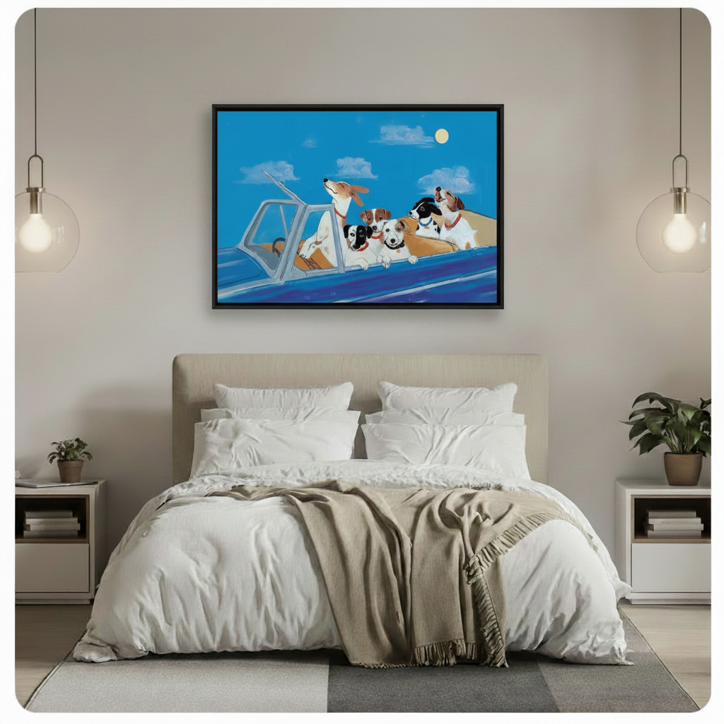 Blue canvas wall art showing several dogs riding in a car beneath a moonlit sky