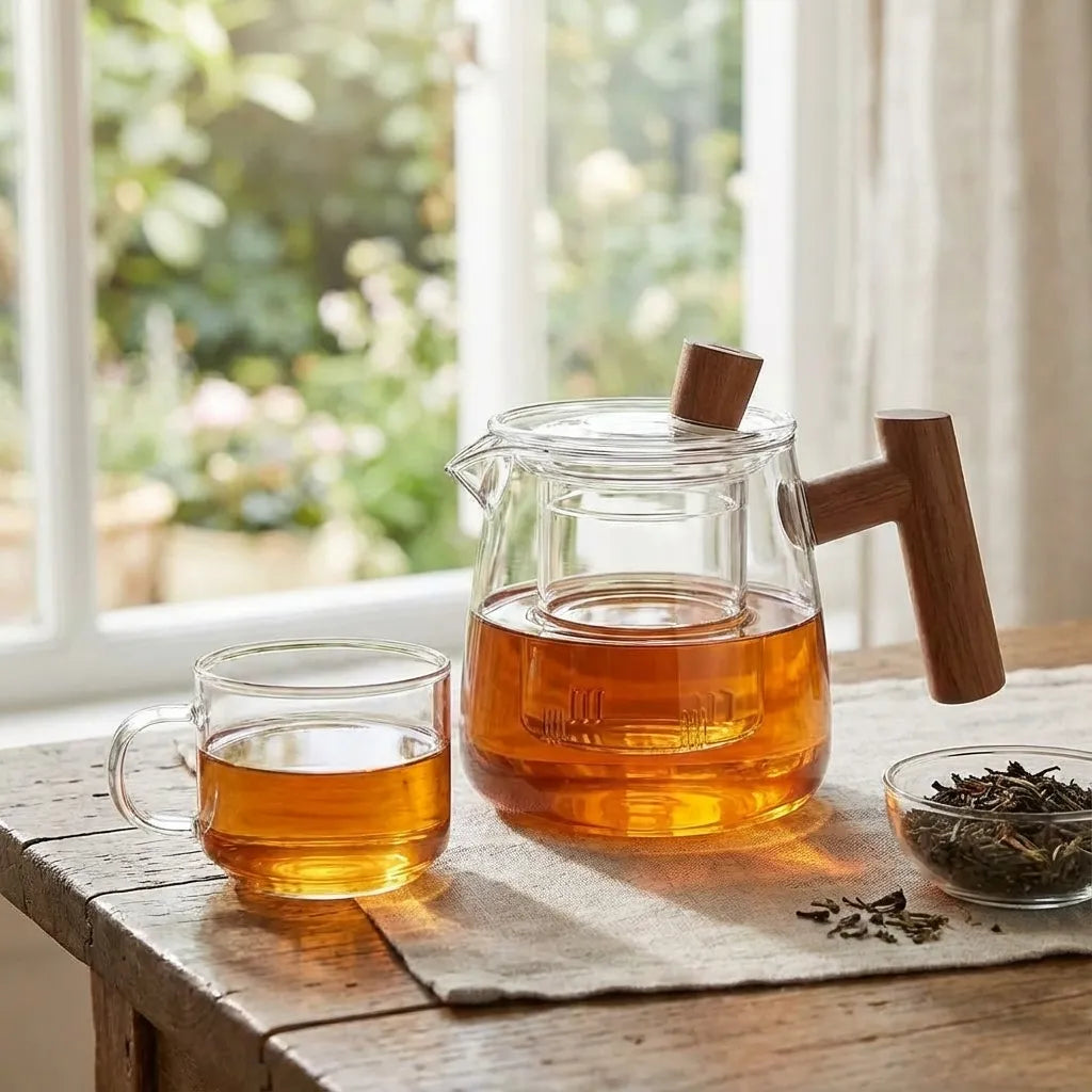 Glass teapot with central infuser, fitted lid and wooden handle