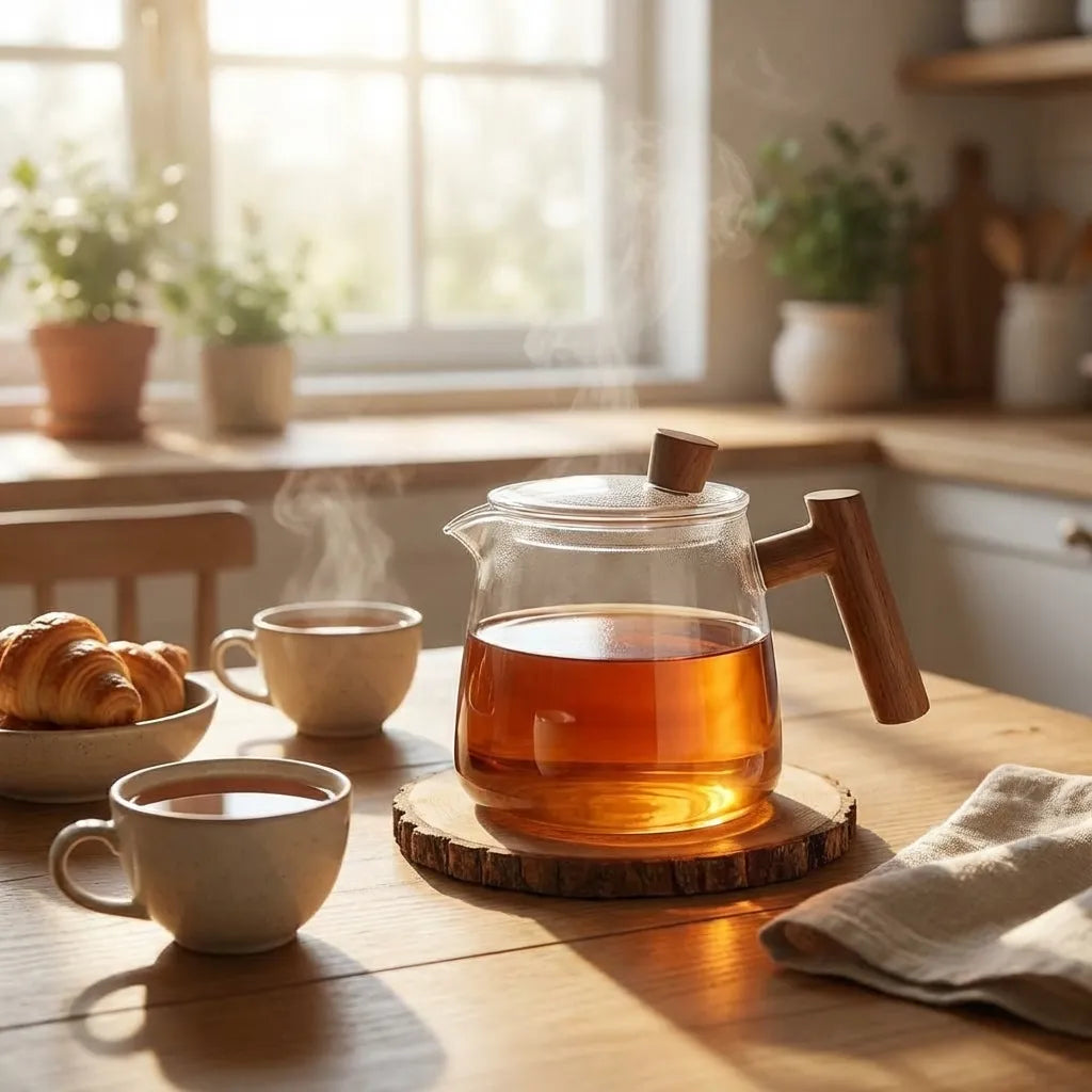 Glass teapot with central infuser, fitted lid and wooden handle