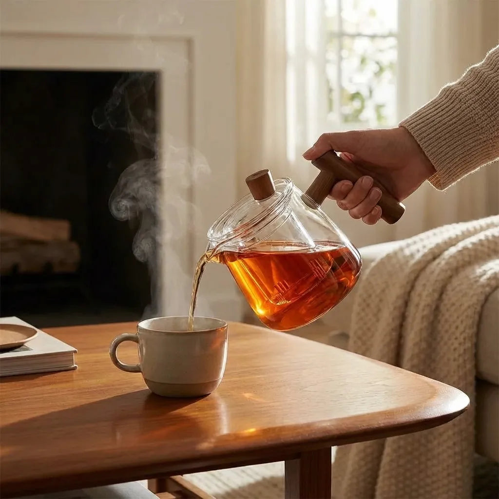 Glass teapot with central infuser, fitted lid and wooden handle