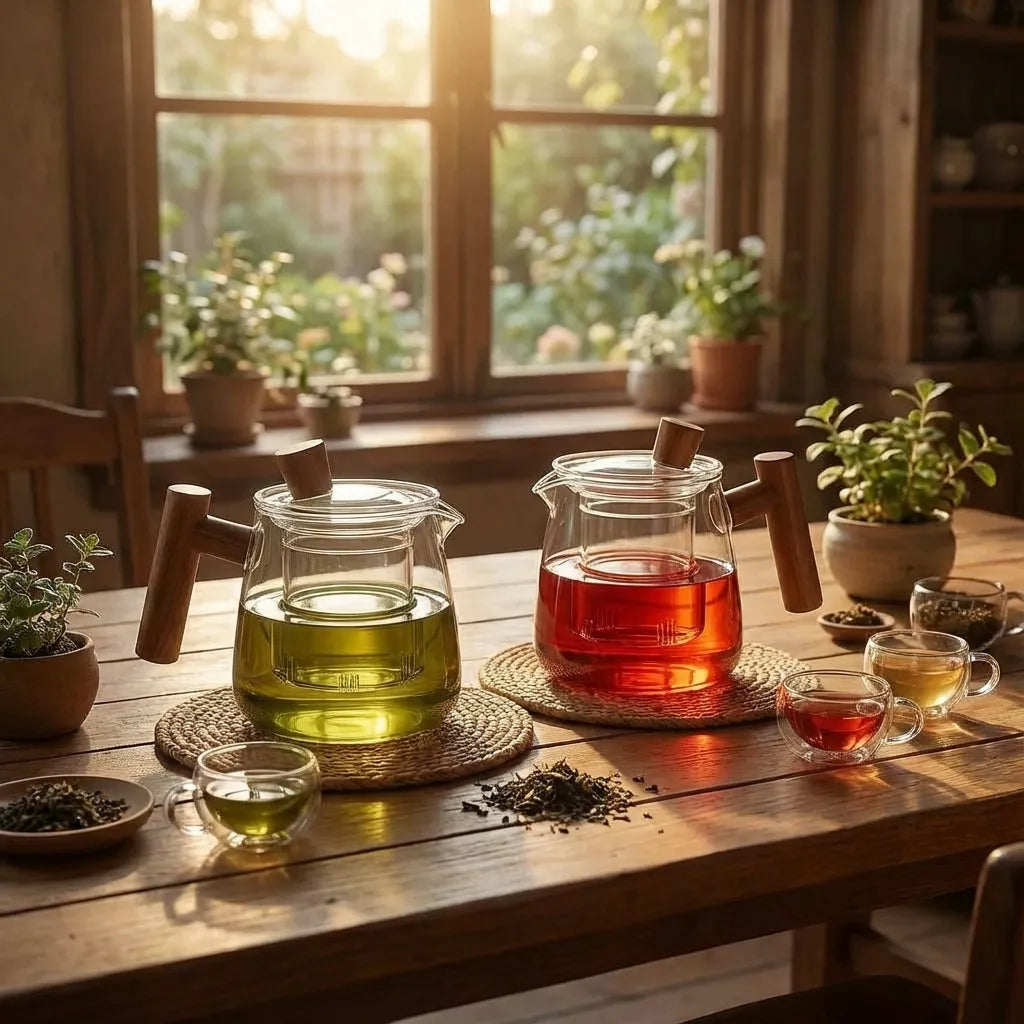 Glass teapot with central infuser, fitted lid and wooden handle