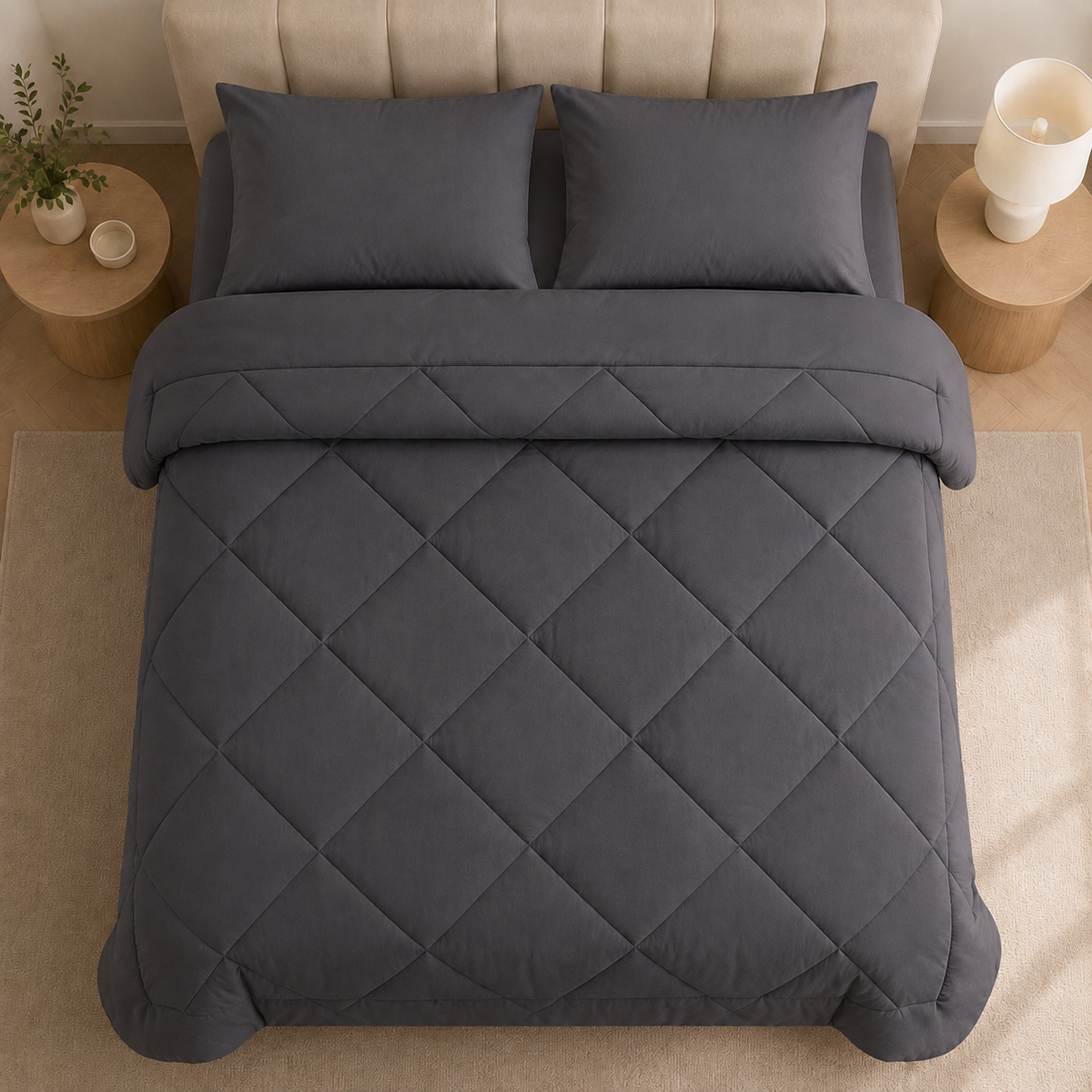 Quilted 2-in-1 duvet with diamond stitching on a bed
