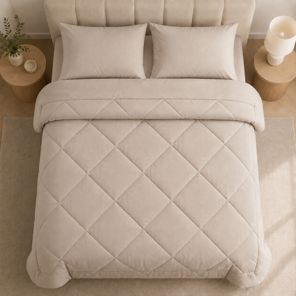 Quilted 2-in-1 duvet with diamond stitching on a bed