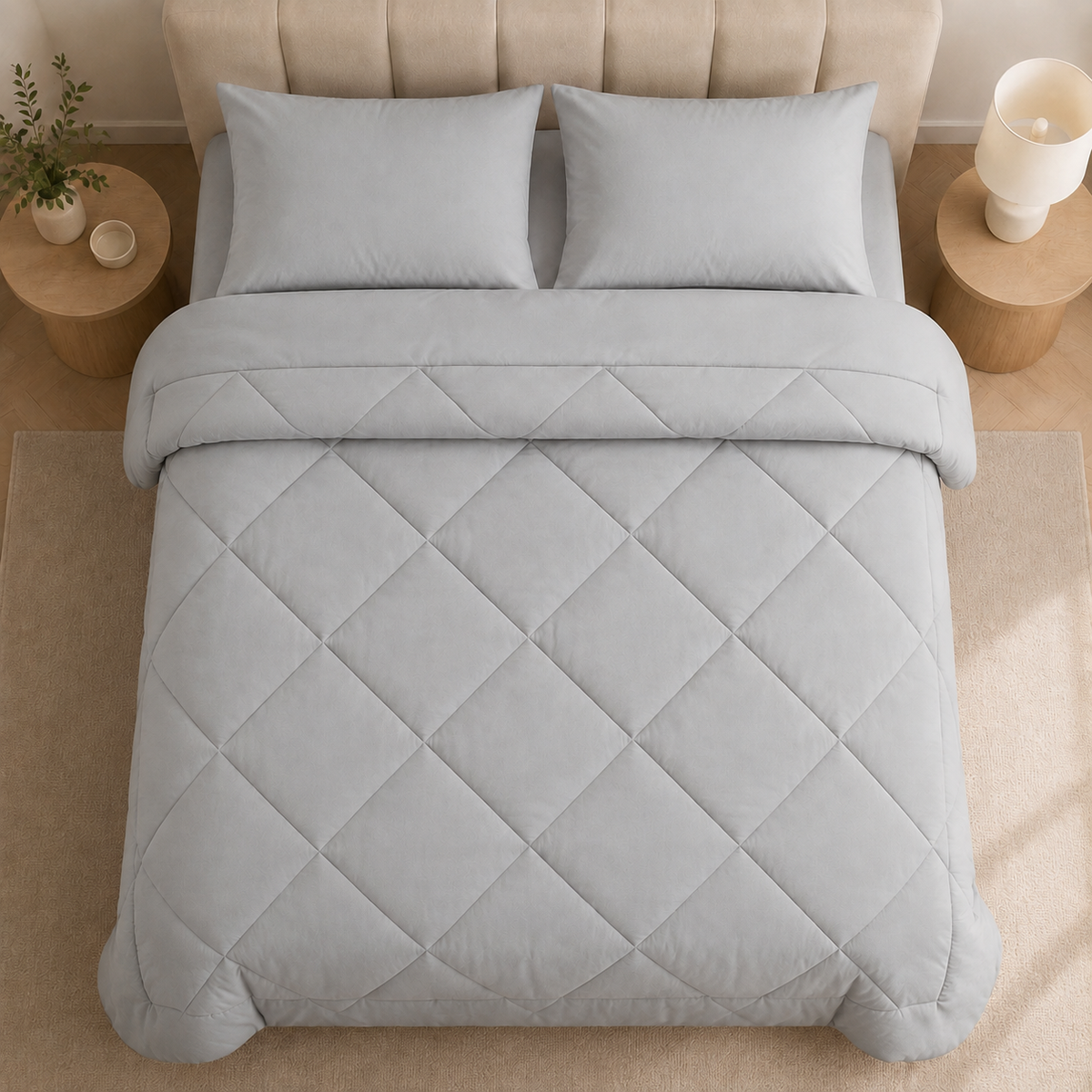 Quilted 2-in-1 duvet with diamond stitching on a bed