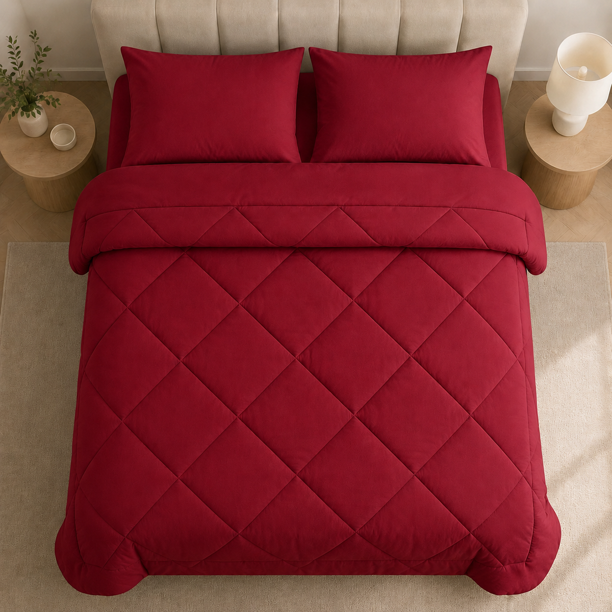 Quilted 2-in-1 duvet with diamond stitching on a bed