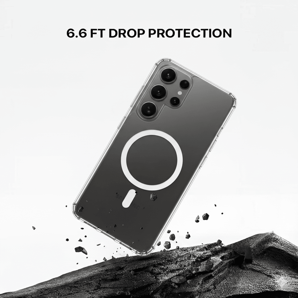 Clear MagSafe case for Samsung Galaxy S21 Ultra with camera cutout and circular magnetic ring