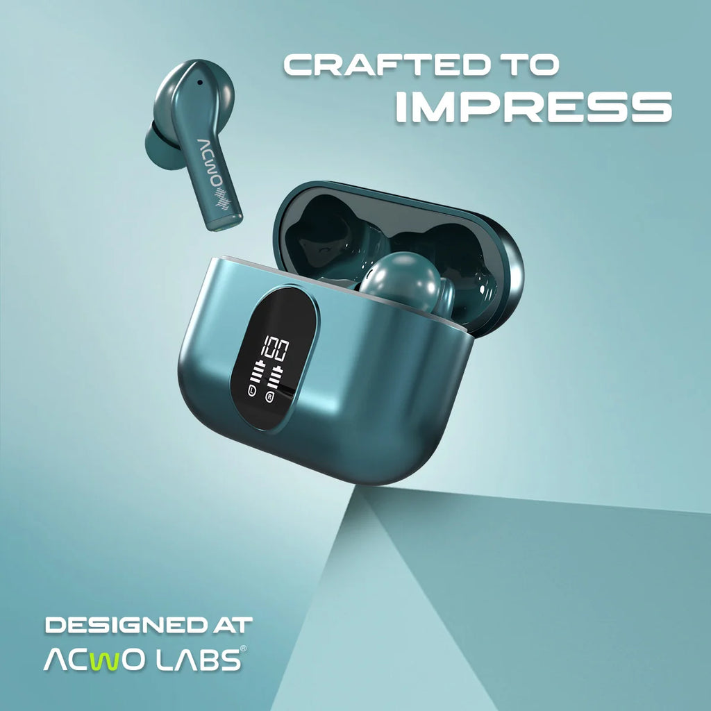 True wireless earbuds in a charging case with front digital display