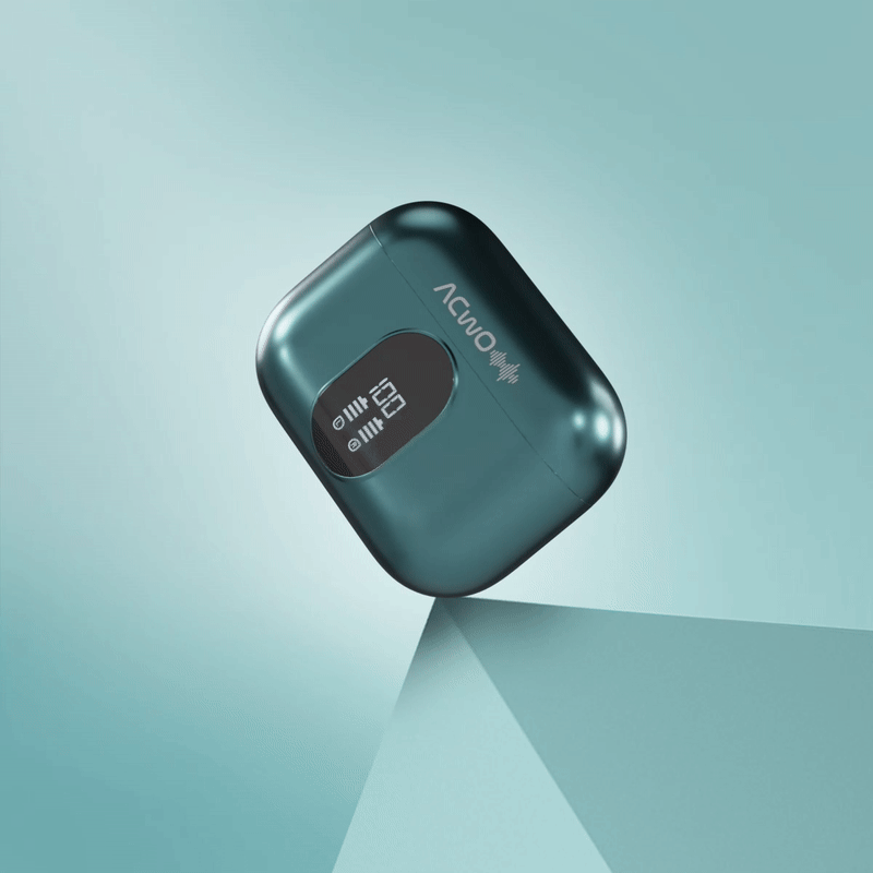 True wireless earbuds in a charging case with front digital display
