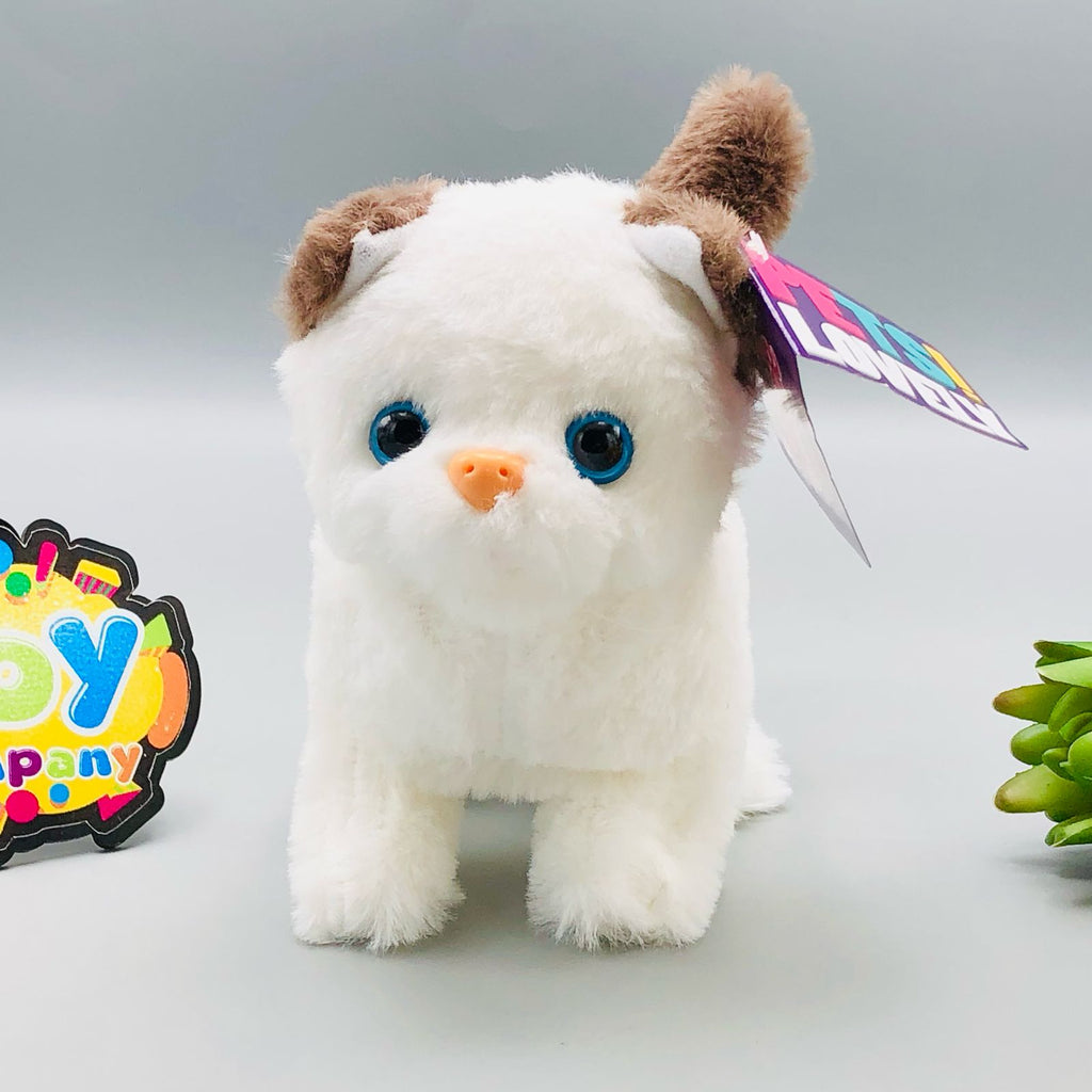 Walking plush cat toy with sound in white and orange striped designs