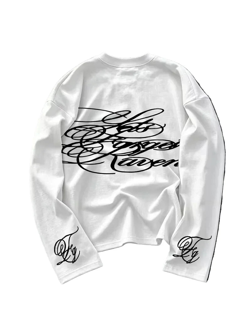 Long sleeve crew neck top with script chest and cuff prints
