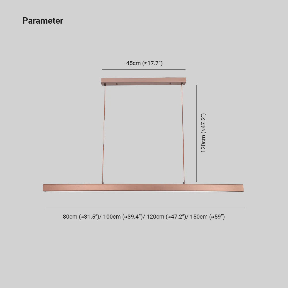 Linear LED pendant light with slim metal bar and suspension wires
