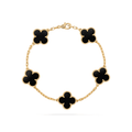 Adjustable linked chain bracelet with five clover-shaped charms