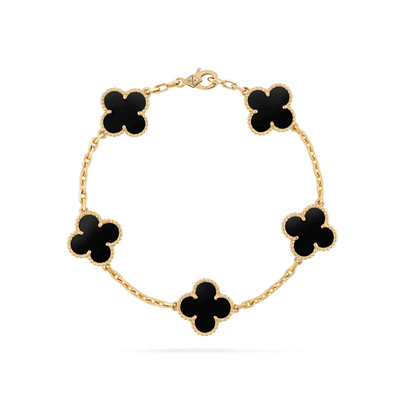 Adjustable linked chain bracelet with five clover-shaped charms