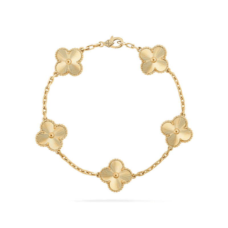 Adjustable linked chain bracelet with five clover-shaped charms
