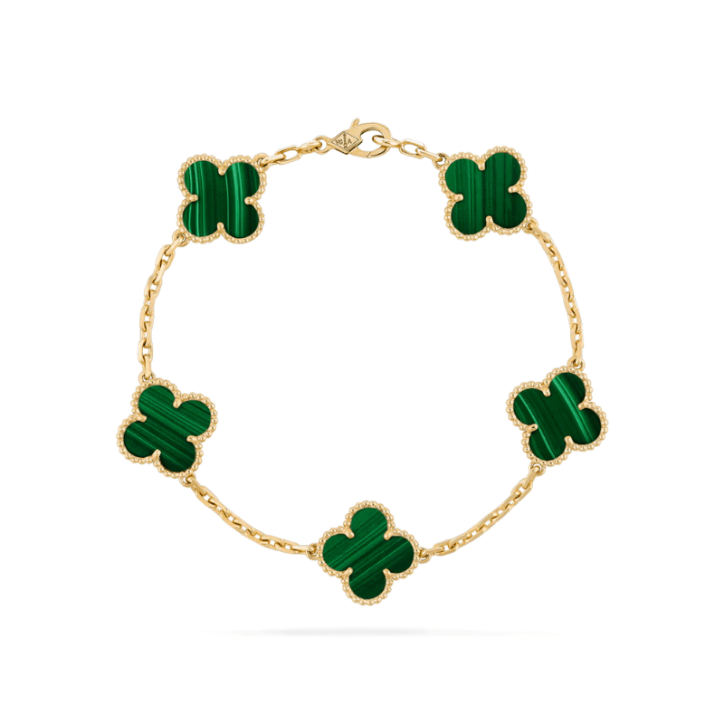 Adjustable linked chain bracelet with five clover-shaped charms