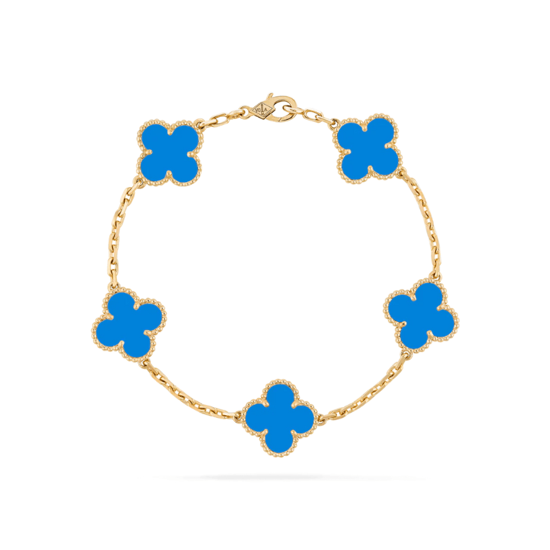 Adjustable linked chain bracelet with five clover-shaped charms