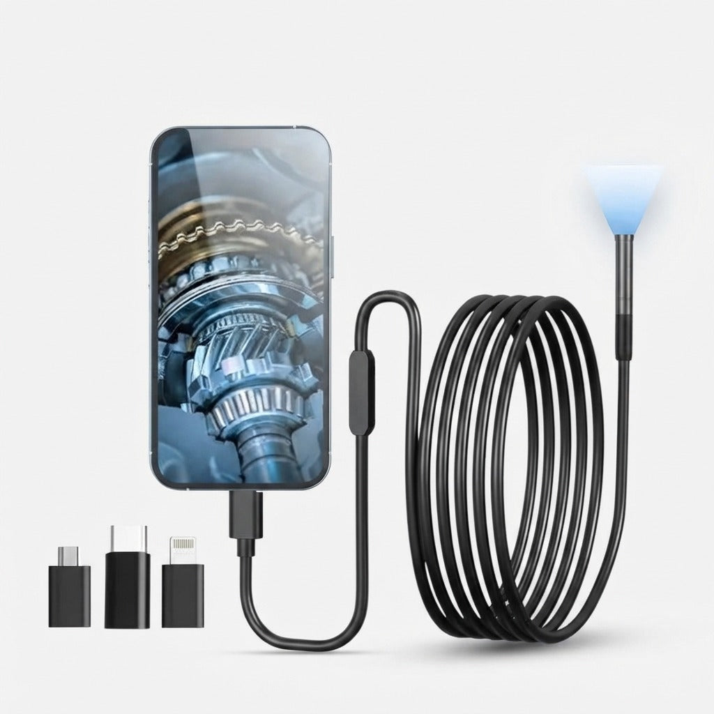 Black USB borescope camera with flexible inspection cable and connector