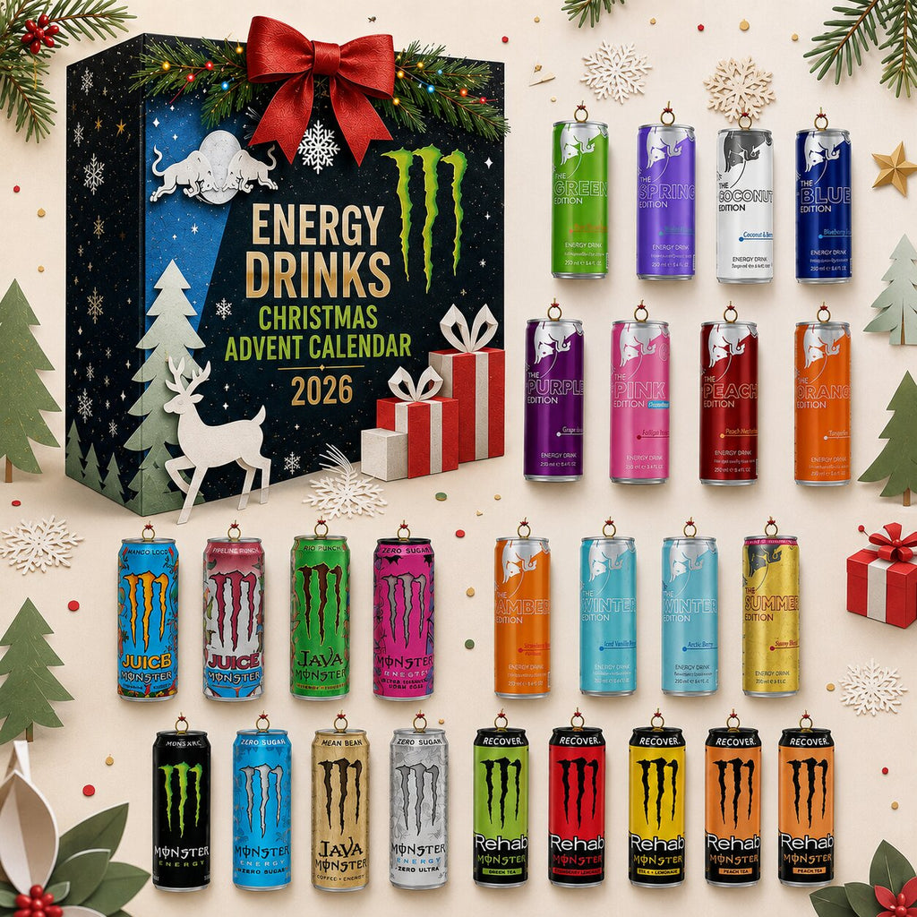 Black 2026 Christmas energy drink advent calendar box with festive artwork and 24 cans