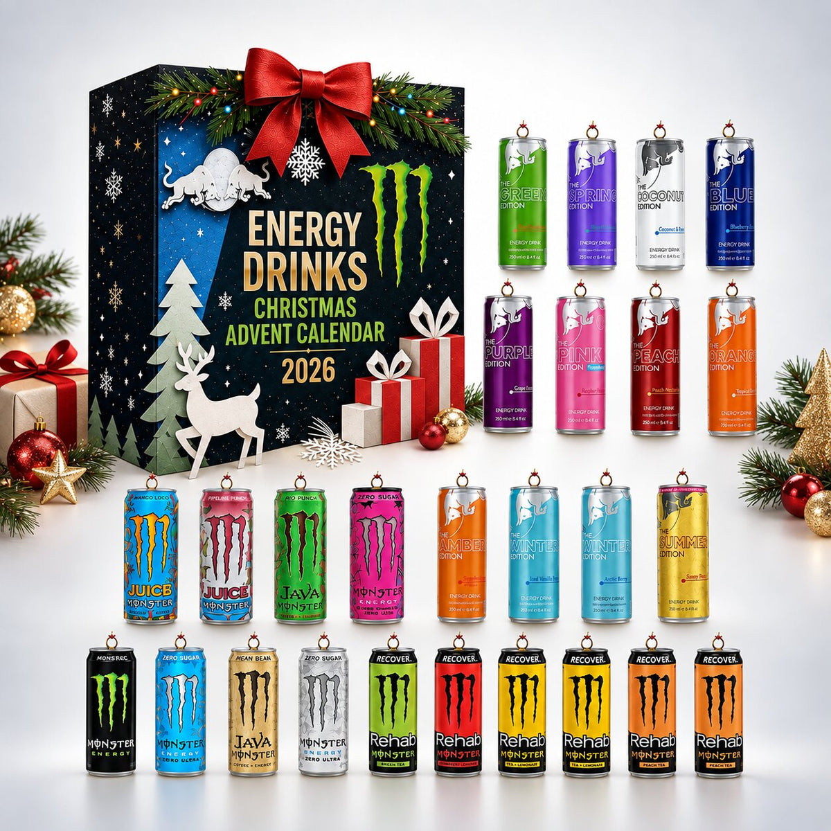 Black 2026 Christmas energy drink advent calendar box with festive artwork and 24 cans