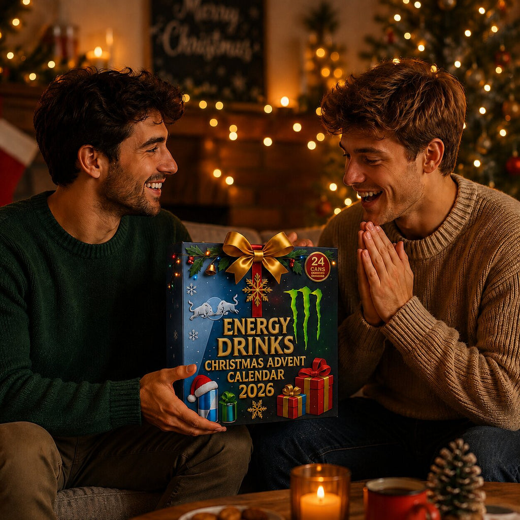 Black 2026 Christmas energy drink advent calendar box with festive artwork and 24 cans