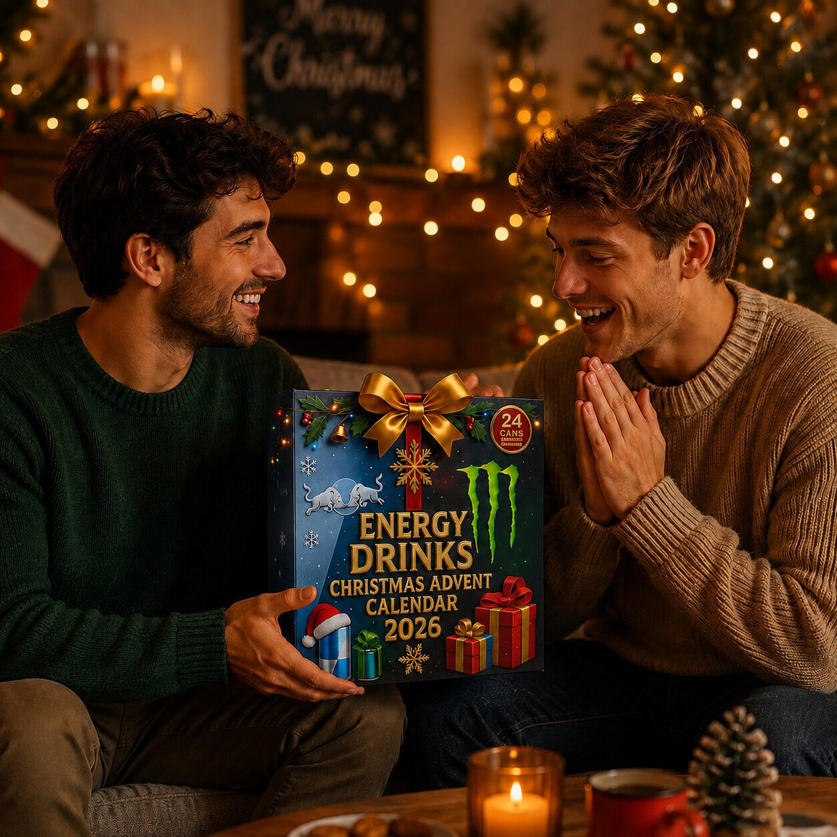 Black 2026 Christmas energy drink advent calendar box with festive artwork and 24 cans