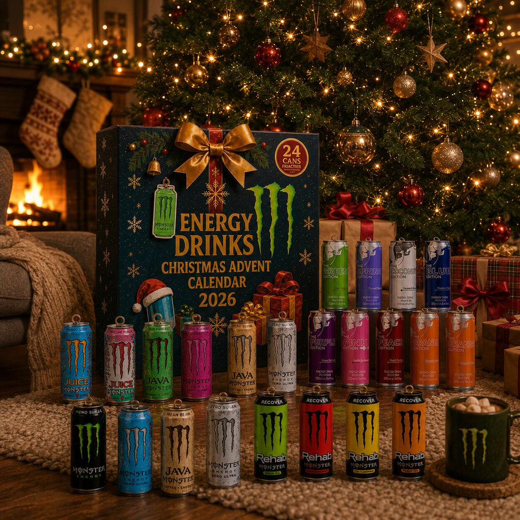Black 2026 Christmas energy drink advent calendar box with festive artwork and 24 cans