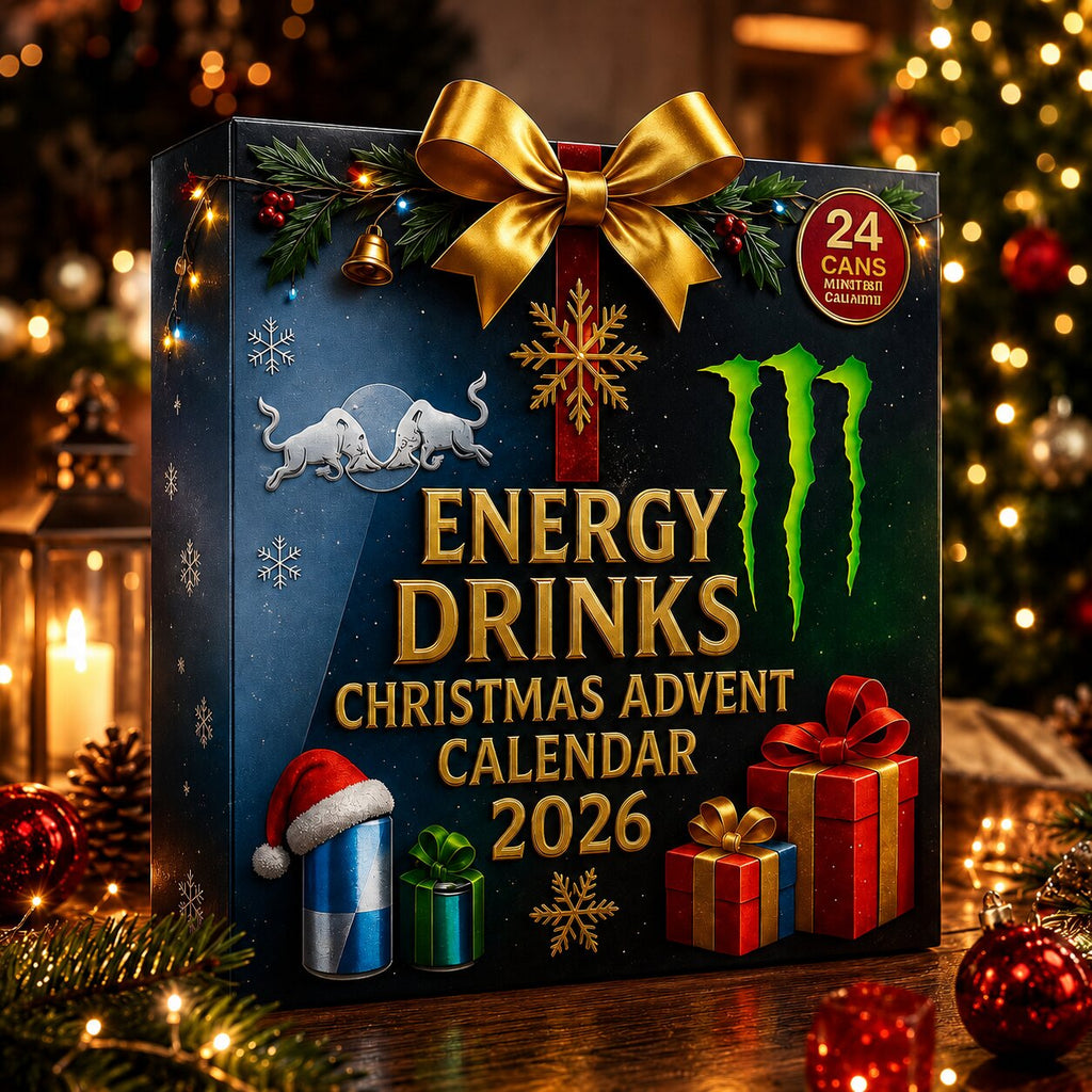 Black 2026 Christmas energy drink advent calendar box with festive artwork and 24 cans