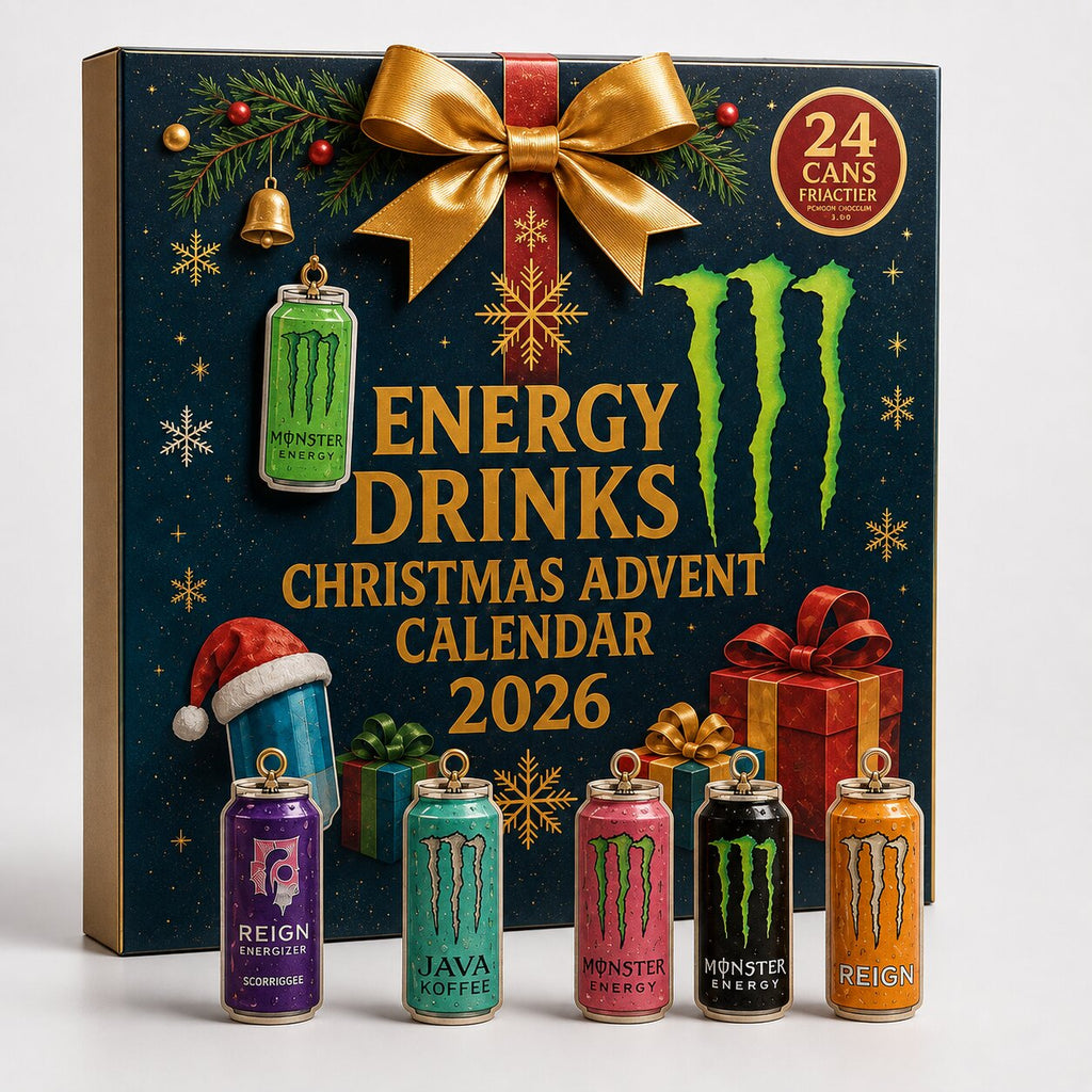 Black 2026 Christmas energy drink advent calendar box with festive artwork and 24 cans